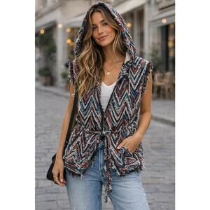 IRO Wafa Chevron Tapestry Hooded Vest Tie Waist Frayed Designer Jacket Size 34